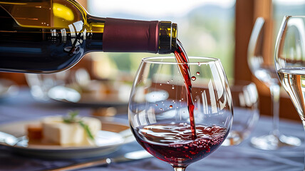 Close-up of red wine pouring into crystal glass with warm light and elegant atmosphere.








