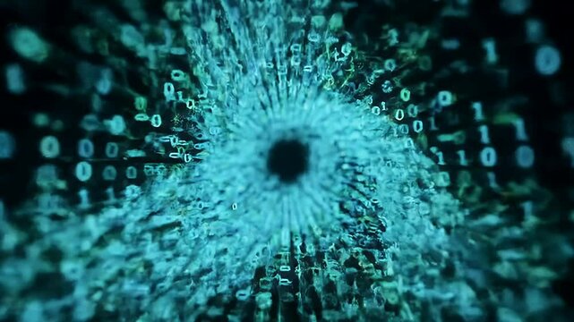Abstract Digital Vortex Binary Code Swirling in Teal and Black