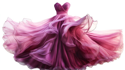 A beautiful, elegant dress in shades of pink, transitioning from light blush to deep fuchsia, is showcased against a white background. The gown features 
