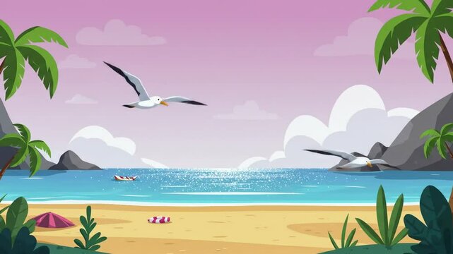 Beautiful cartoon beach scene with flying birds