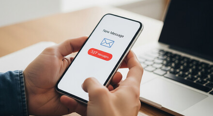 A person holding a smartphone showing a "New Message" notification with 327 unread messages