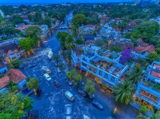 From the air, the flooded village of Mirsarai in Chittagong, Bangladesh, can be seen, where homes are submerged and the streets are waterlogged