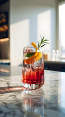 Elegant cocktail in crystal glass on marble, with vibrant colors and soft natural light.









