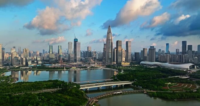Aerial shot of city skyline and modern commercial buildings scenery in Shenzhen. Famous financial district landmark in China.