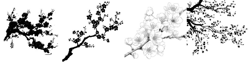 A single black branch of sakura is silhouetted in the spring with flowers