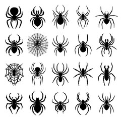 Collection of spider icons in black silhouette form isolated against a white backdrop