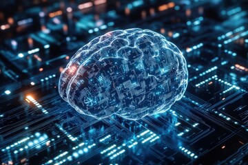 Digital brain superimposed on a circuit board.