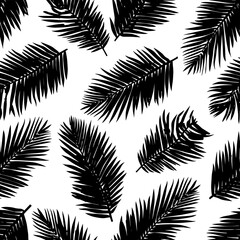 Black silhouettes of palm tree leaves are seamlessly arranged on a white background in this modern floral background illustration
