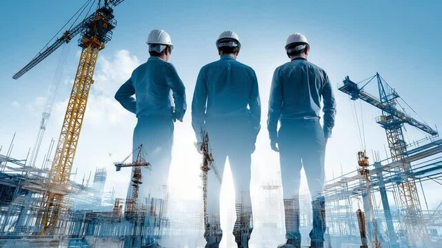Architects at the Construction Site: A group of architects, donned in protective headgear, surveys a bustling construction site with imposing cranes. Their gaze embodies planning and potential