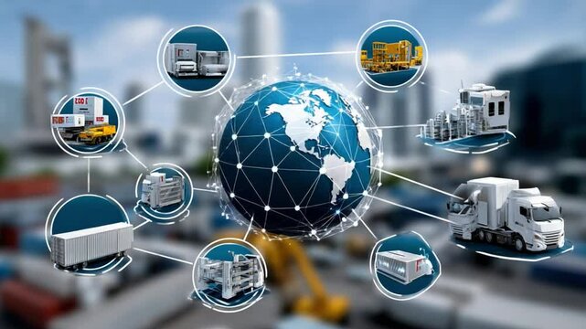 Global Logistics Network: A dynamic illustration representing global logistics and supply chain management, with the world at its core and interconnected nodes signifying transport and distribution.