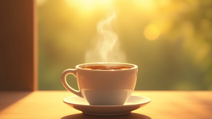 Obraz premium Steaming Cup of Coffee in the Morning Sunlight