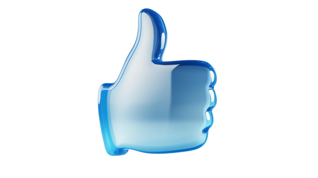 3D thumbs up icon in modern blue gradient, floating above white background, social approval symbol, PNG - Powered by Adobe