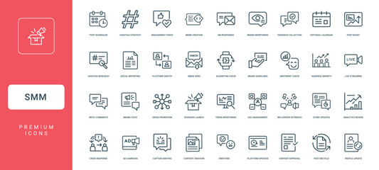 social media marketing management smm collection linear icons