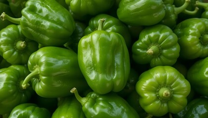 A group of fresh green peppers piled together, glossy skin, natural imperfections, studio lighting