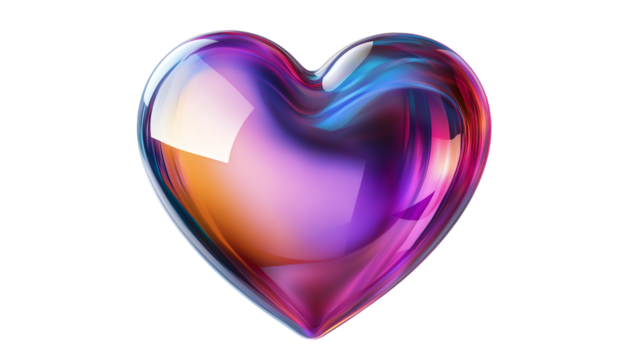 Colorful 3D heart icon with glossy reflections, social media like button style, isolated on transparent background, PNG 