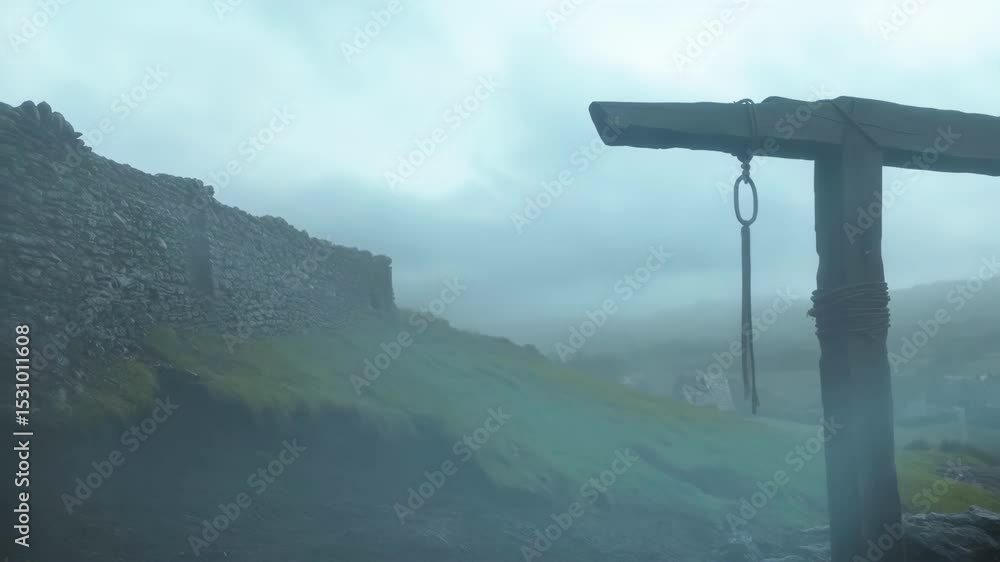 Poster mysterious fog gradually enveloping old wooden structure hanging with noose. surrounding stone ruins