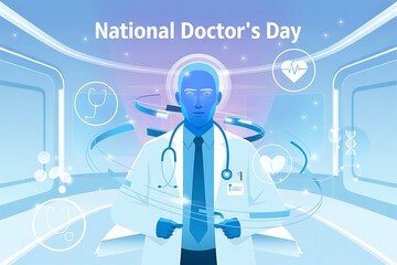National Doctor's Day Banner. A diverse group of medical professionals celebrating National Doctor's Day