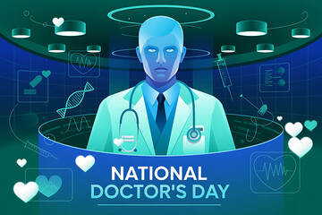 National Doctor's Day Banner. A diverse group of medical professionals celebrating National Doctor's Day