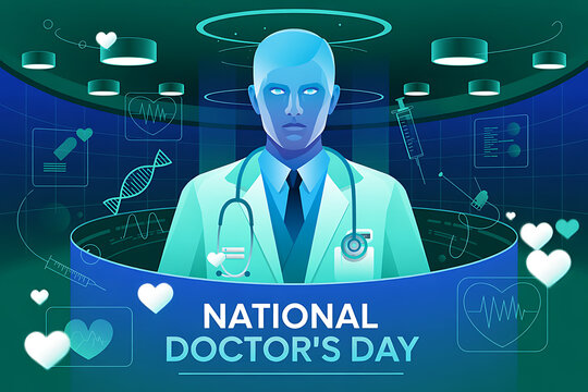 National Doctor's Day Banner. A diverse group of medical professionals celebrating National Doctor's Day