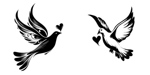 Obraz premium The image features a sleek black dove with a heart clutched in its beak, soaring through a pristine white space