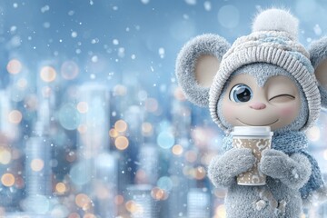 The issue of animals in cold climates is highlighted by a social ad campaign featuring a cute baby macaque in winter attire, grasping a steaming hot drink, to promote animal care during winter polar