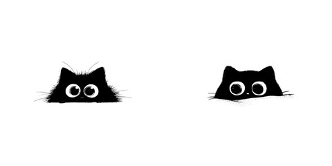 On an isolated white background, a cute black cat with green eyes can be seen peeking out, exemplifying the curious and amusing personality of the cat as it engages in a game of hide and peep within