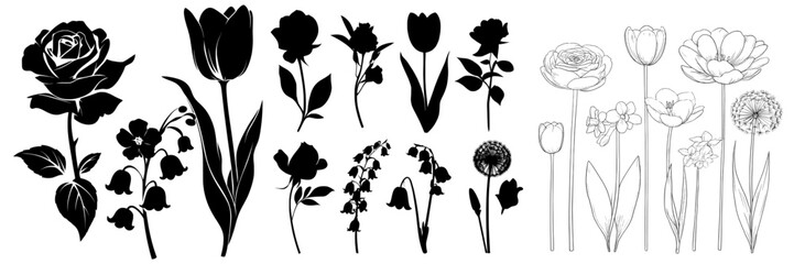 Modern flowers including roses, tulips, lilies of the valley, and dandelions in black hues are set against a white backdrop
