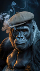 Dramatic Portrait of a Gorilla in a Newsboy Cap with Smoke