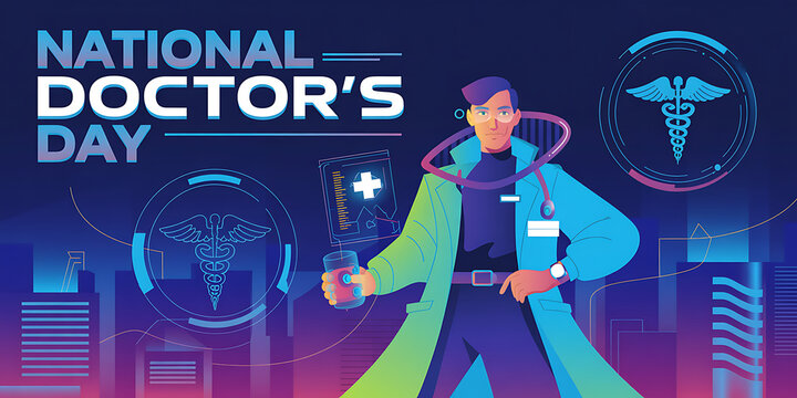 National Doctor's Day Banner, tribute with medical professionals and healthcare data