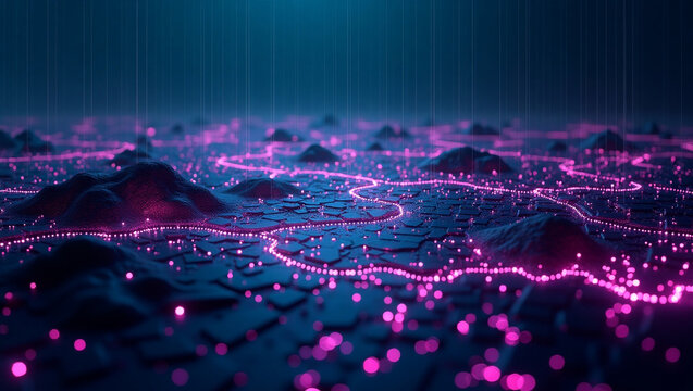 Abstract digital landscape with glowing lines and dots in blue and purple