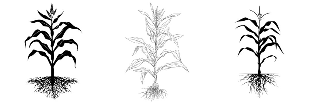 Isolated on a white background is the silhouette of a young corn plant, complete with its leaves and root system