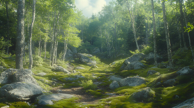 Serene forest path through mossy rocks and birch trees bathed in sunlight. A tranquil scene ideal for nature documentaries, travel brochures, or meditation apps.
