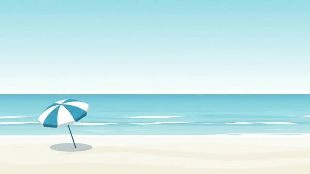 Calm beach scene illustration with blue sky and umbrella