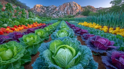 The vibrant organic farm landscape is home to lush green rows of thriving lettuce and leafy vegetables