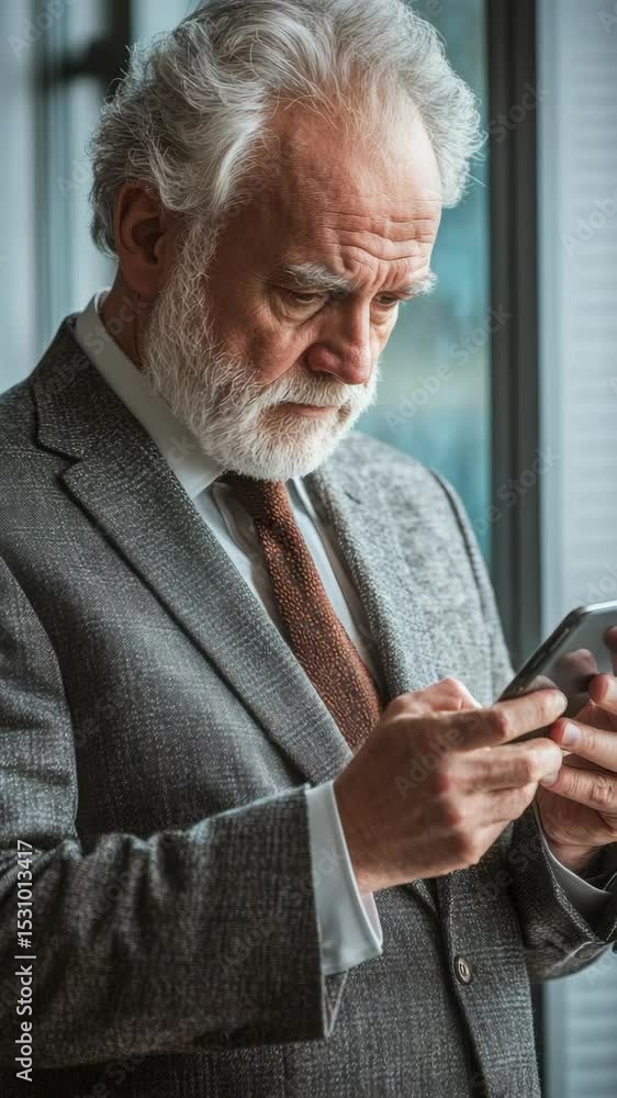 Aufkleber a man in a gray suit is looking at his phone, seemingly focused on the screen. he has a beard and ap