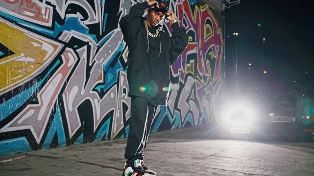 Urban Night Style: A stylish young man stands confidently against a vibrant graffiti wall at night, showcasing his urban fashion sense.
