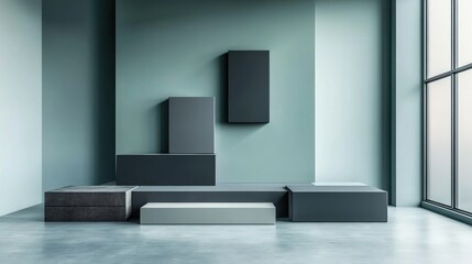 Modern display podiums in a minimalist setting.