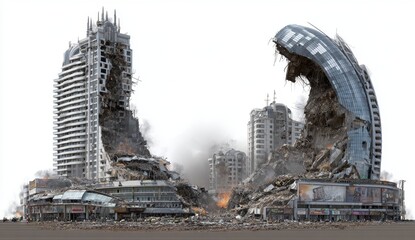 A png file containing a 3D illustration of a Ruined City, which has suffered destruction from war and an earthquake, isolated on a transparent background, serves as clip art and a cut out
