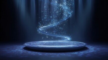 Obraz premium Mysterious pedestal: An evocative digital rendering showcases a futuristic, circular pedestal under a mesmerizing stream of glowing particles, creating a sense of wonder and technological advancement.