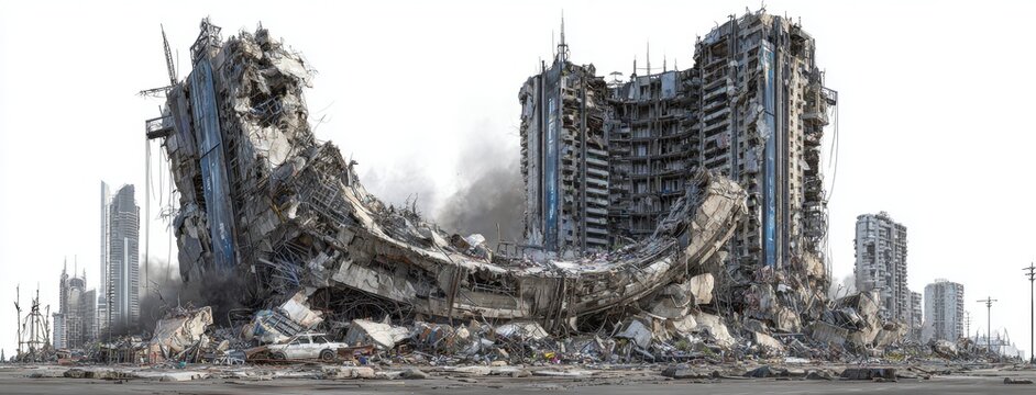 The image of a ruined city, with a building destroyed in the war, is presented as a 3d rendering in png format, featuring a transparent background, clip art, and cut-out elements, all set after an