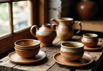 Rustic ceramic teapots and cups arranged on a wooden table near a window