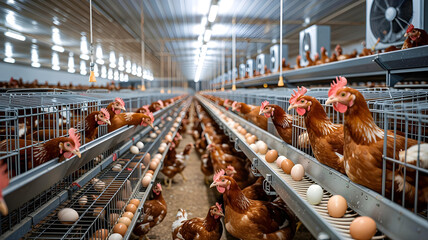 Bright, automated egg facility with caged hens and modern conveyor systems.









