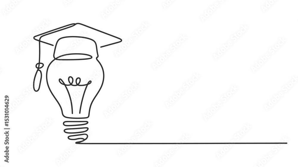 Poster continuous line drawing graduation cap on lightbulb idea generation concept