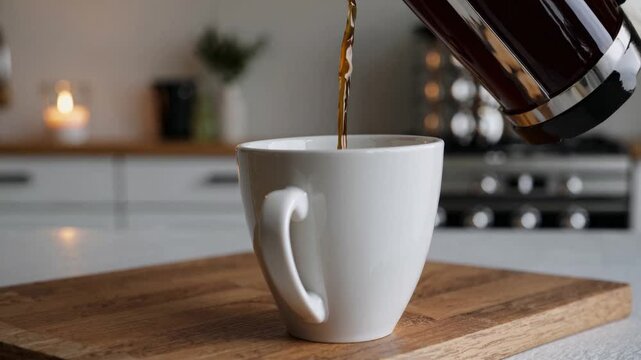 Brewing Moment: A serene moment unfolds as freshly brewed coffee is carefully poured into a pristine white mug, captured in a cozy kitchen setting.