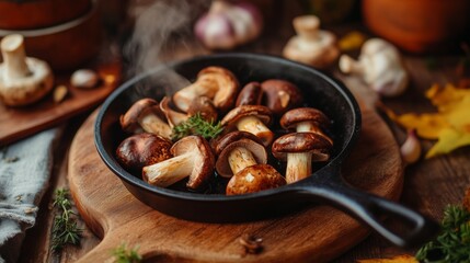 Mushrooms sizzling in skillet with herbs and garlic in cozy kitchen setting during autumn