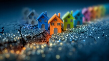 The image of tiny, colorful houses on a fractured ground surface represents the potential dangers that communities face from earthquakes and similar natural disasters