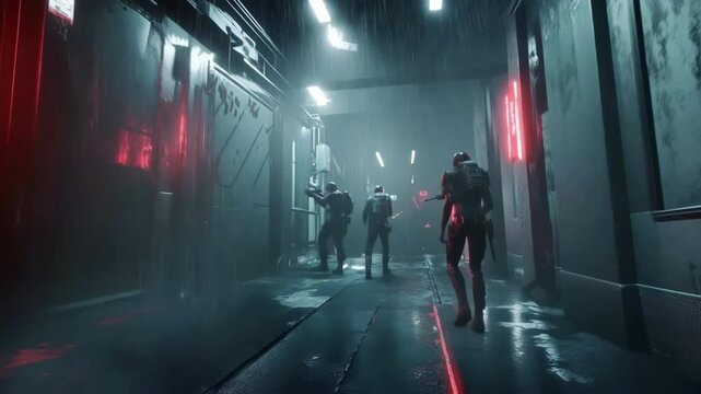 Futuristic soldiers wearing armor and carrying weapons move cautiously through a dimly lit, rainy corridor with red and white neon signs, creating a tense and suspenseful atmosphere