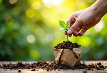 Hand planting a young green seedling into soil in a biodegradable bag outdoors
