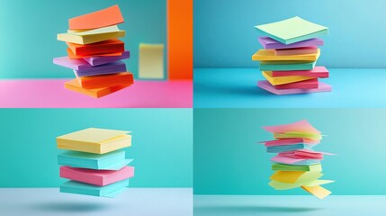 Four vibrant stacks of colorful sticky notes against pastel backdrops