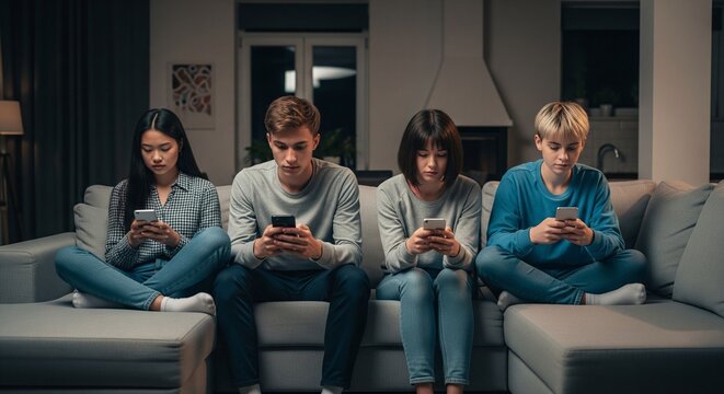 4 adolescents sur un canap&eacute;, chacun absorb&eacute; par son t&eacute;l&eacute;phone portable